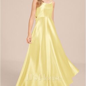 Yellow Satin Formal Gown Kids Square Neck Open Back Tie A-Line Maxi Dress j10